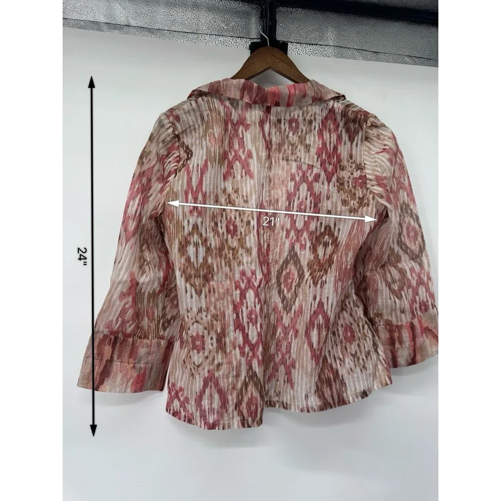 Chicos Jacket Blazer Pink Ikat 3/4 Sleeve Sheer Open Front Office Large 2 Geo‎